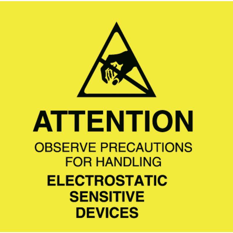 Attention Label with ESD Susceptibility Symbol, Black on Yellow, 2in x 2in, 500 per Roll